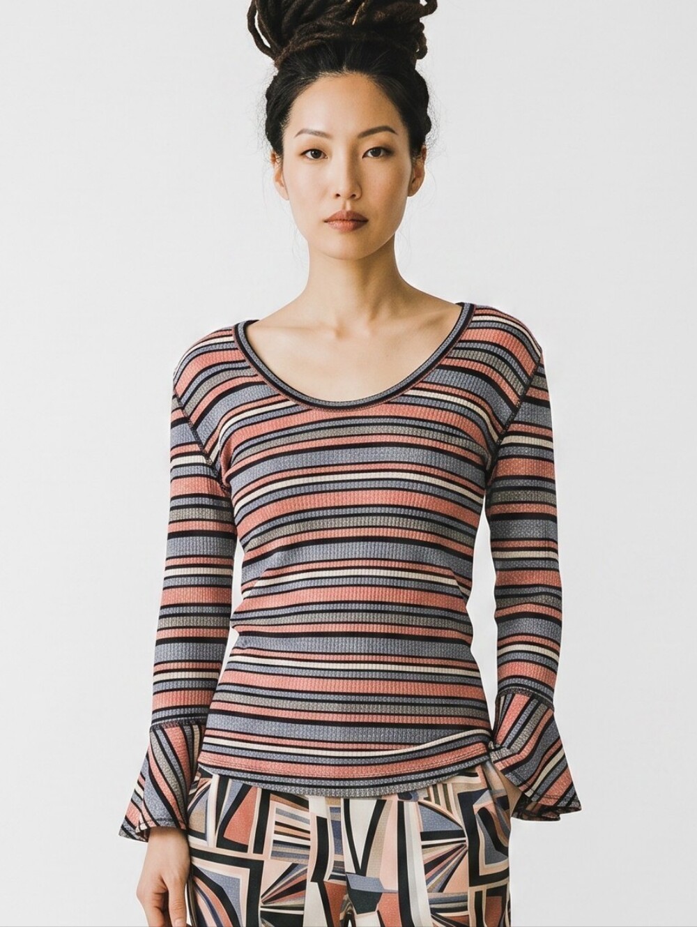 Free People Long Sleeve Metallic Shimmer Striped Scoop Neck Shirt M